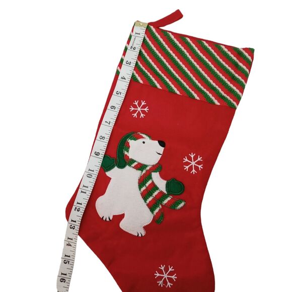 Whimsical Polar Bear Christmas Stocking Red Green White Snowflakes Holiday Decor - Picture 6 of 10